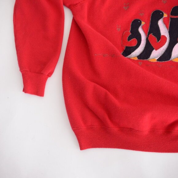 Vintage Hanes Sport Red Crew w Penguin Holding Hearts Valentines Sweater L - Picture 8 of 12